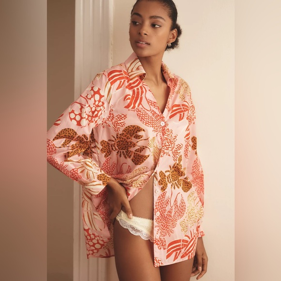 Farm Rio x Anthropologie Long-Sleeve Printed Buttondown Shirt Lobster Print - Picture 2 of 4